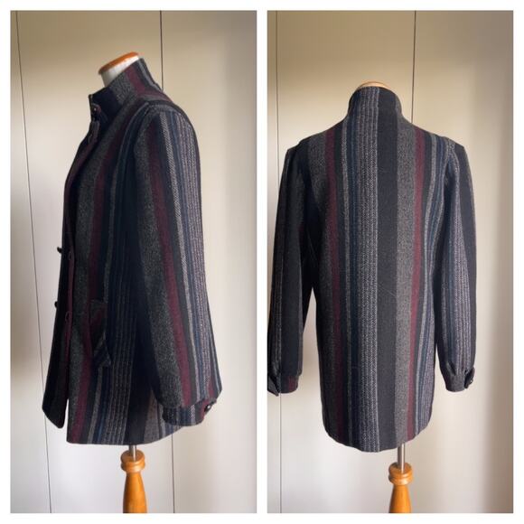 Vintage 80s Wool Car Coat Grey Size Medium Short Fit Mock Neckline - Picture 3 of 7